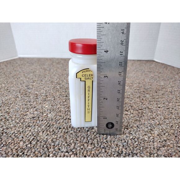 Vintage GRIFFITH's CELERY Salt MILK GLASS SPICE SHAKER JAR RED LID YELLOW GOLD - Picture 6 of 8